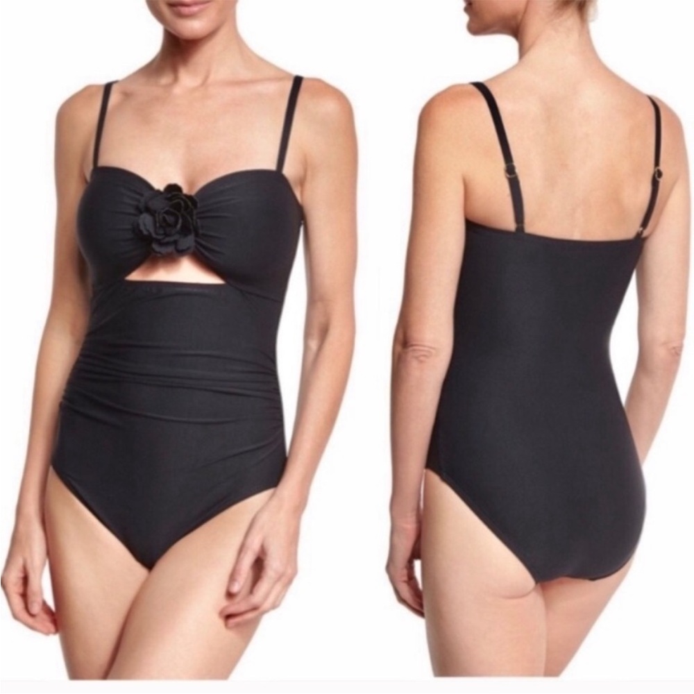 Kate Spade Black One-Piece Cut Out Swimsuit with Rose Detailing- Size Medium